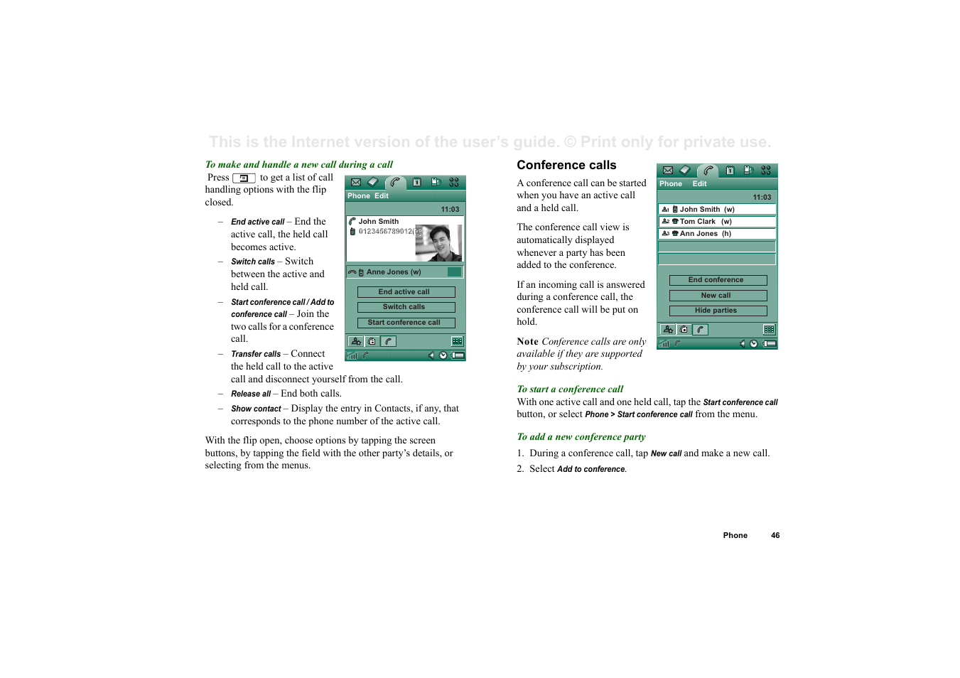 Conference calls | Sony P910a User Manual | Page 46 / 205
