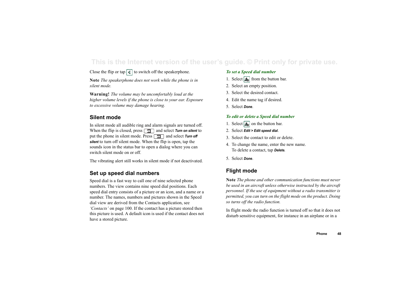Silent mode, Set up speed dial numbers, Flight mode | Sony P910a User Manual | Page 48 / 205