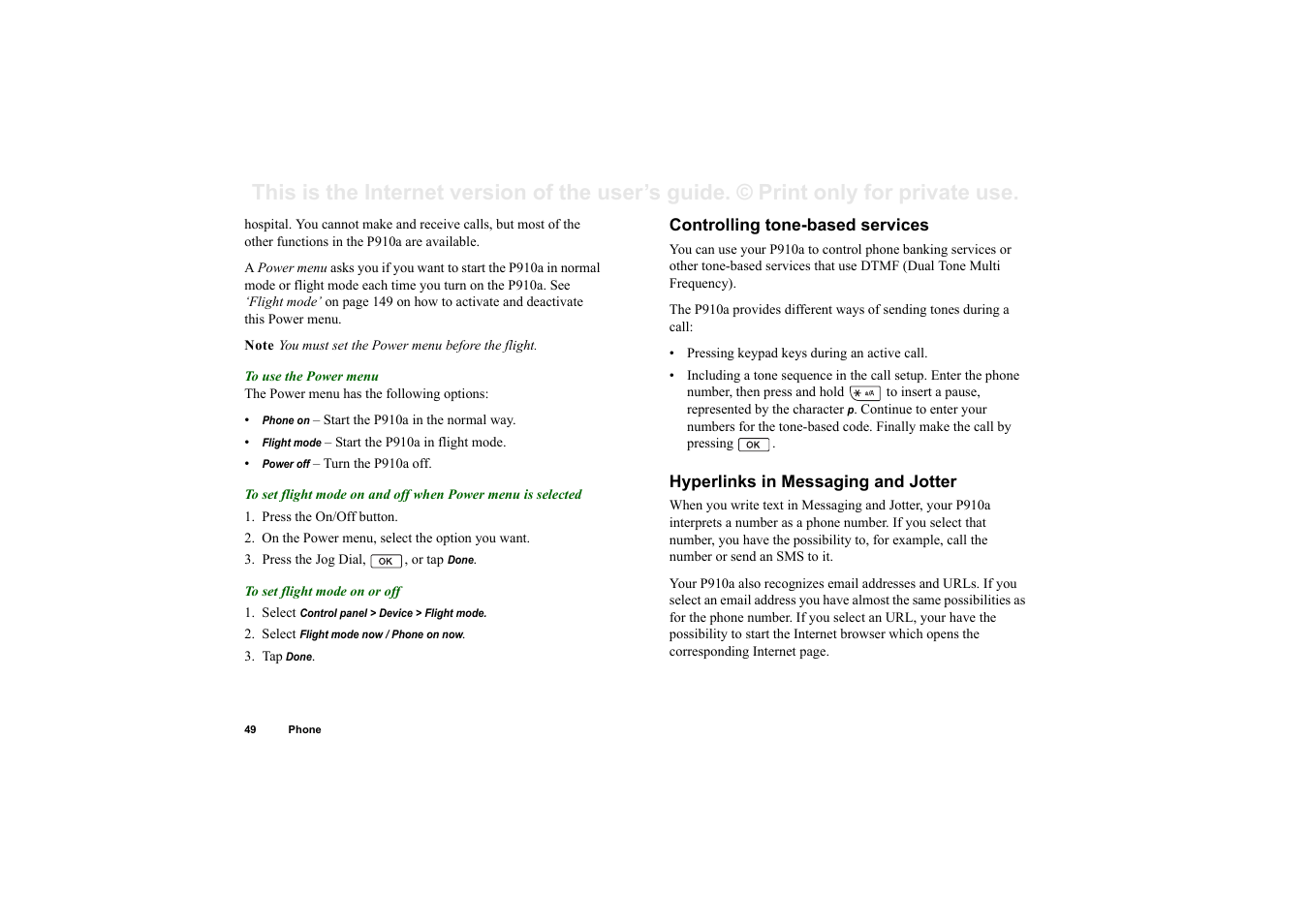 Controlling tone-based services, Hyperlinks in messaging and jotter | Sony P910a User Manual | Page 49 / 205