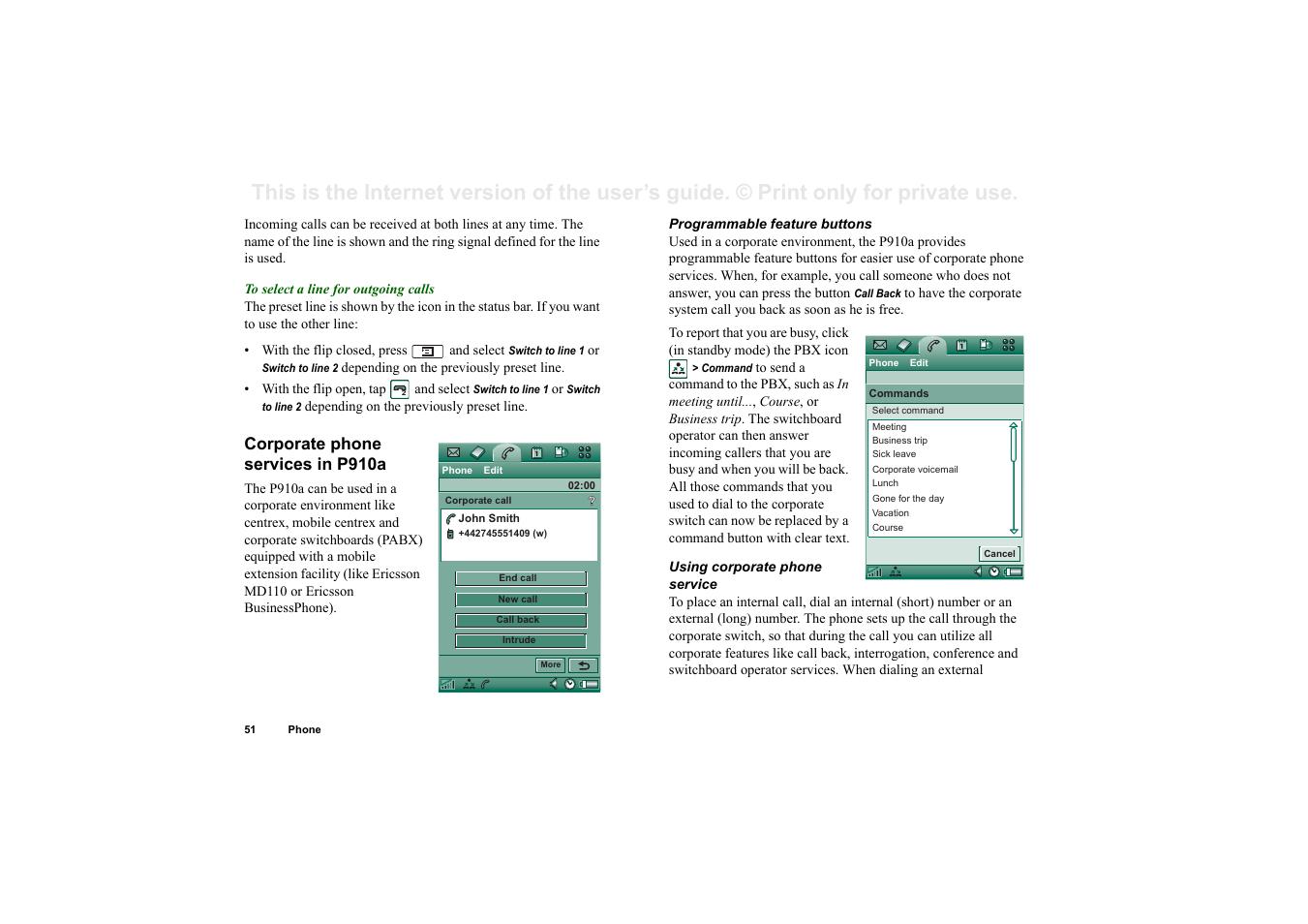 Corporate phone services in p910a | Sony P910a User Manual | Page 51 / 205