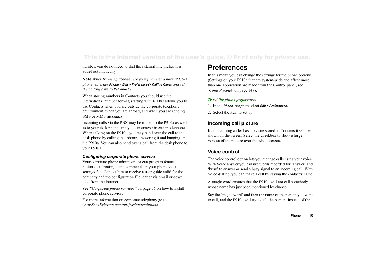 Preferences, Incoming call picture, Voice control | Sony P910a User Manual | Page 52 / 205