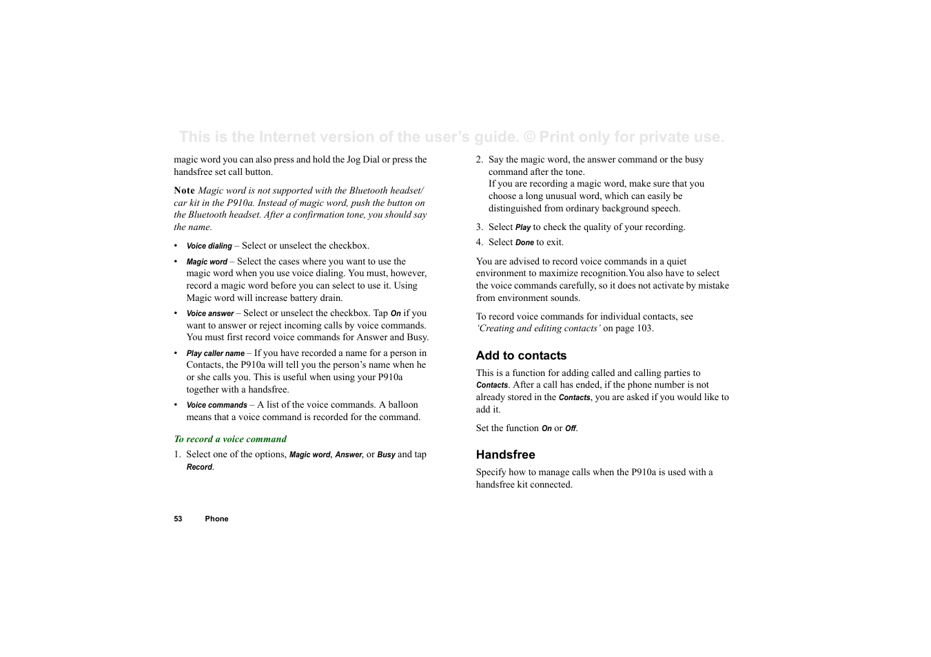 Add to contacts, Handsfree | Sony P910a User Manual | Page 53 / 205