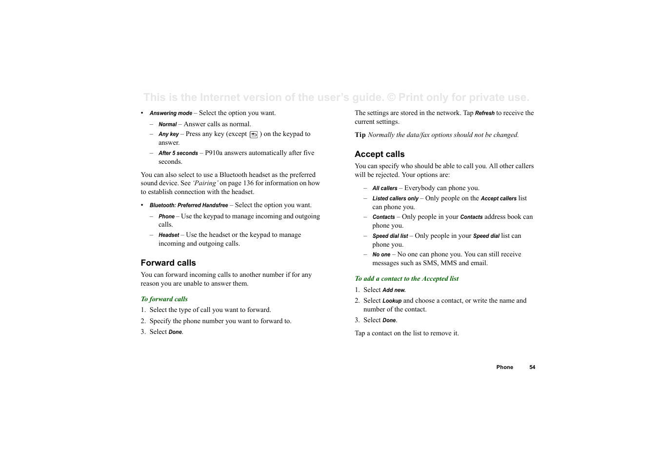 Forward calls, Accept calls | Sony P910a User Manual | Page 54 / 205