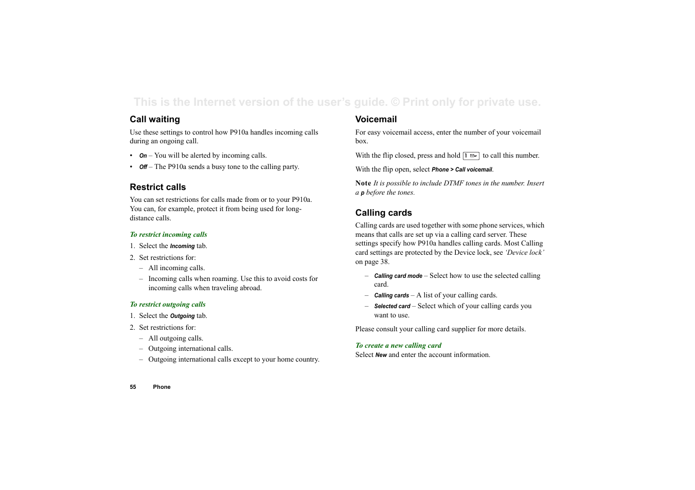 Call waiting, Restrict calls, Voicemail | Calling cards | Sony P910a User Manual | Page 55 / 205