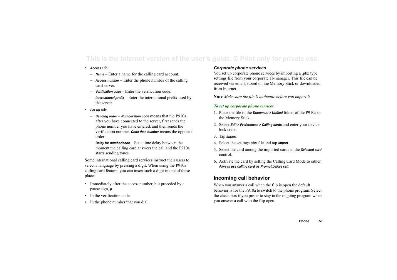 Incoming call behavior | Sony P910a User Manual | Page 56 / 205