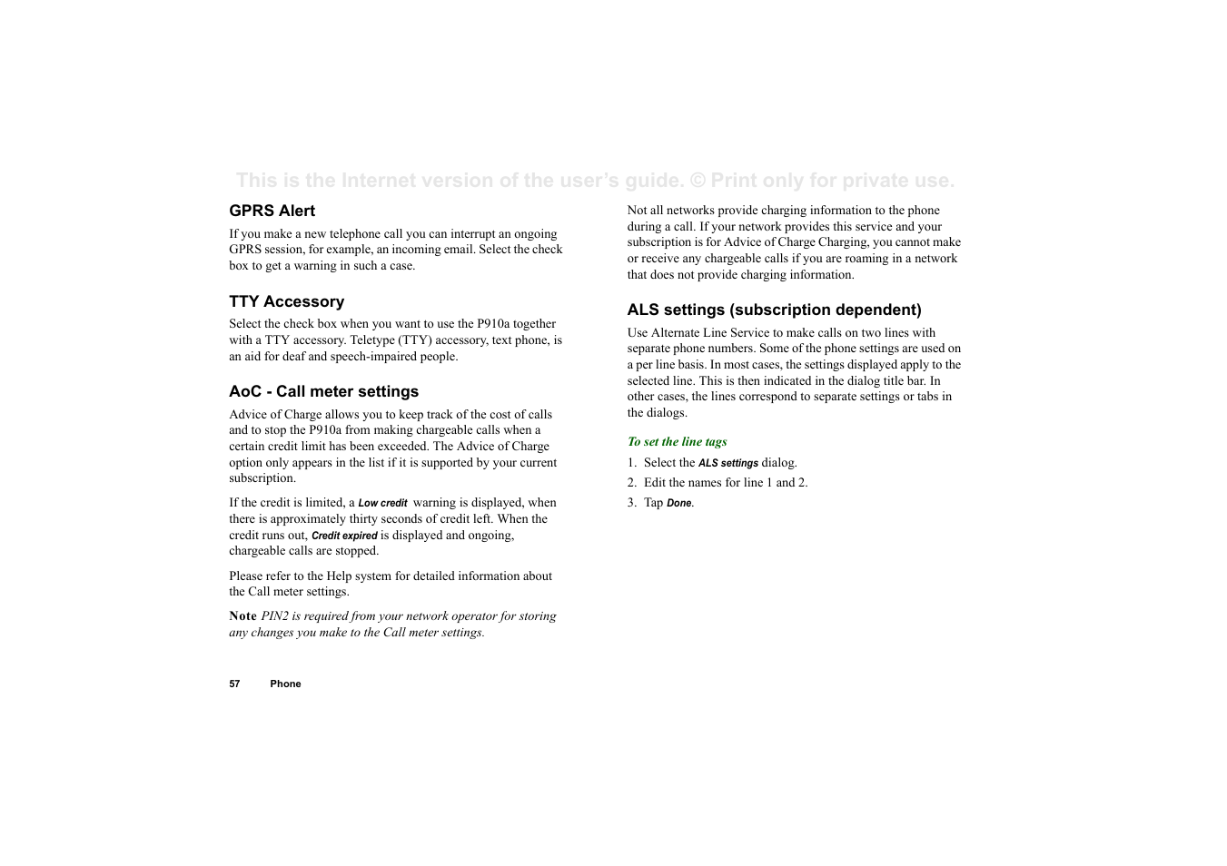 Gprs alert, Tty accessory, Aoc - call meter settings | Als settings (subscription dependent) | Sony P910a User Manual | Page 57 / 205