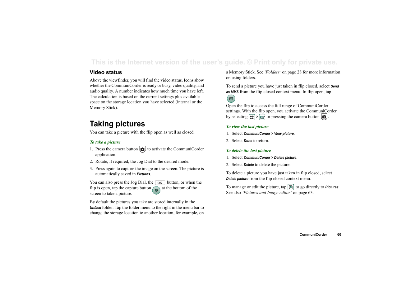 Video status, Taking pictures | Sony P910a User Manual | Page 60 / 205