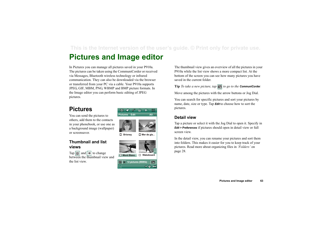 Pictures and image editor, Pictures, Thumbnail and list views | Detail view | Sony P910a User Manual | Page 63 / 205