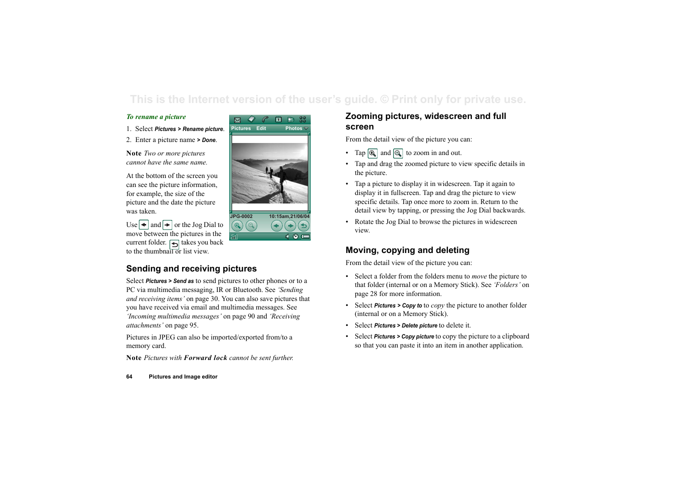 Sending and receiving pictures, Zooming pictures, widescreen and full screen, Moving, copying and deleting | Sony P910a User Manual | Page 64 / 205