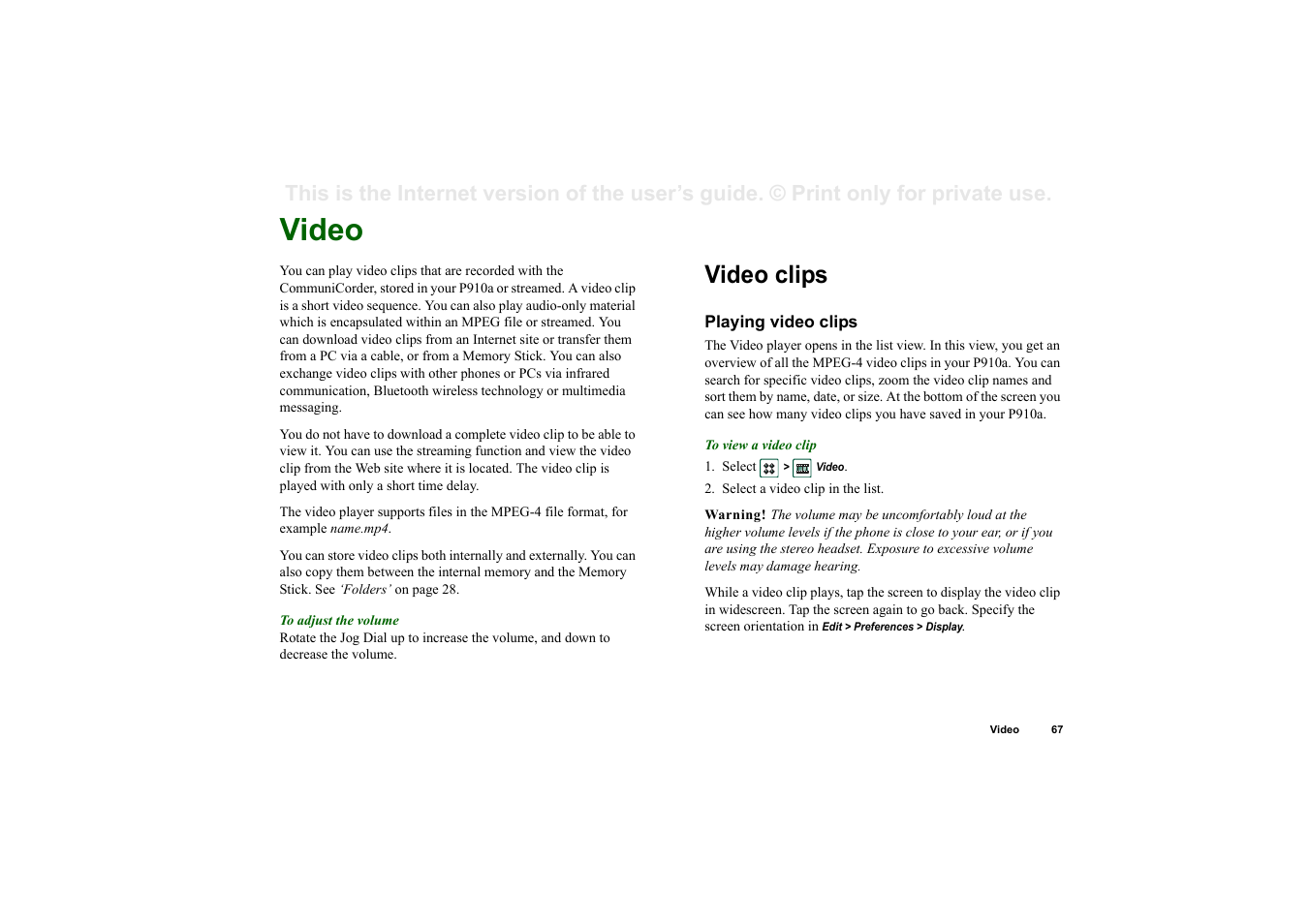 Video, Video clips, Playing video clips | Sony P910a User Manual | Page 67 / 205