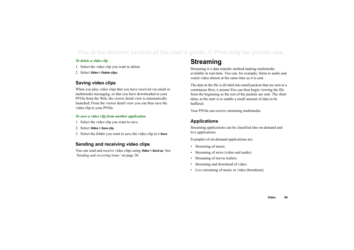 Saving video clips, Sending and receiving video clips, Streaming | Applications | Sony P910a User Manual | Page 69 / 205