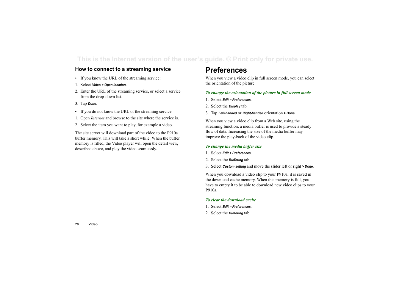 How to connect to a streaming service, Preferences | Sony P910a User Manual | Page 70 / 205
