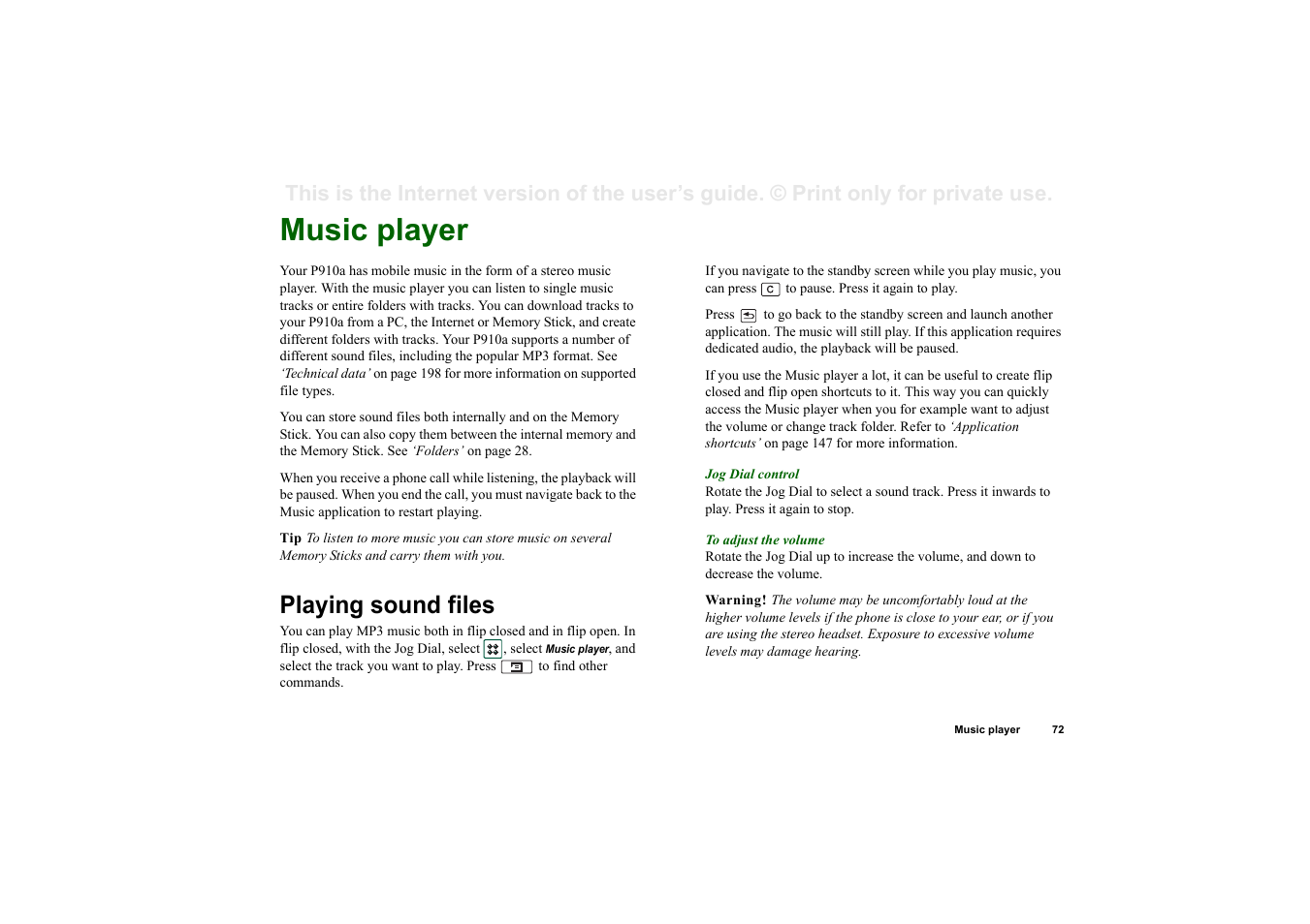 Music player, Playing sound files | Sony P910a User Manual | Page 72 / 205