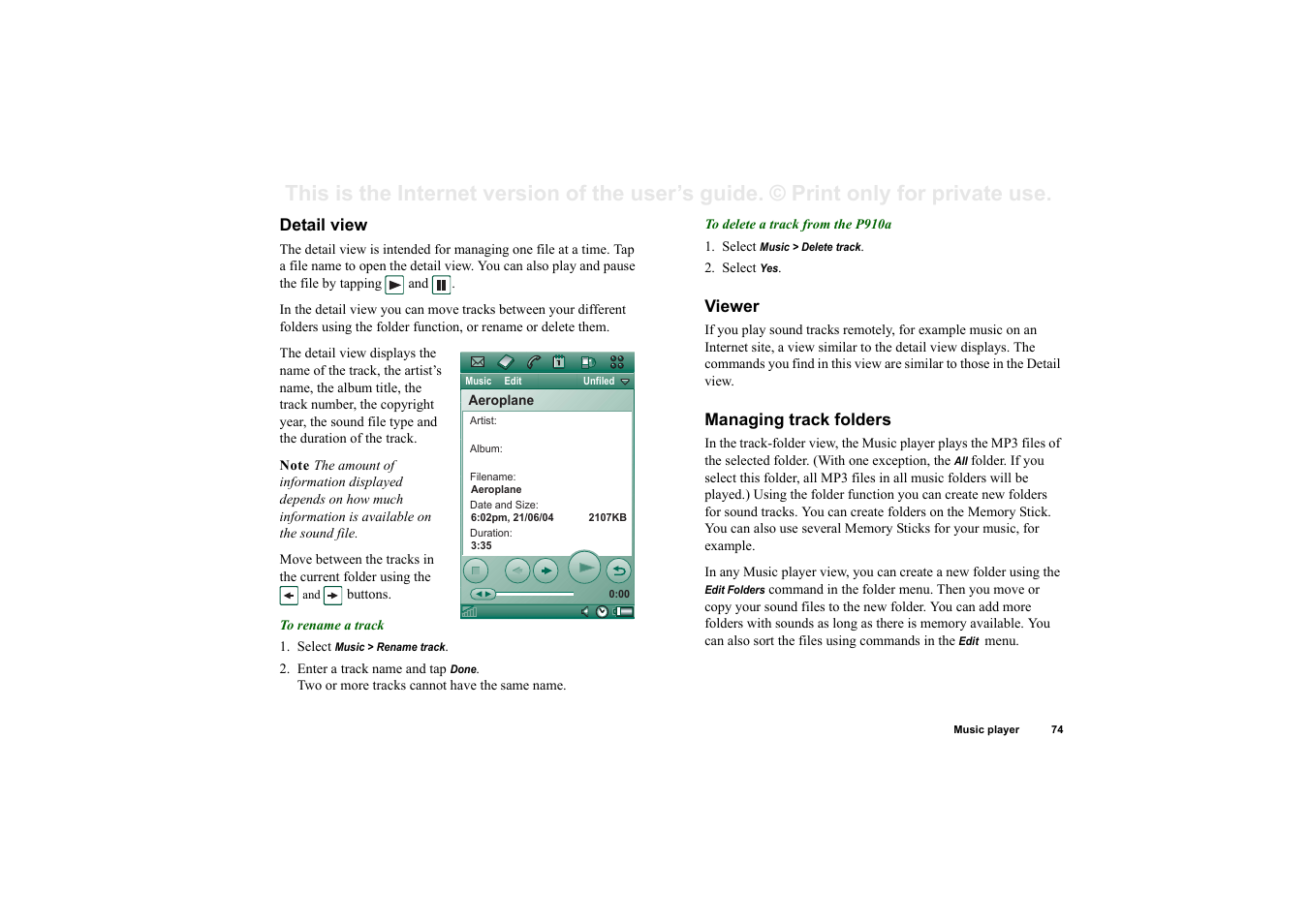 Detail view, Viewer, Managing track folders | Sony P910a User Manual | Page 74 / 205