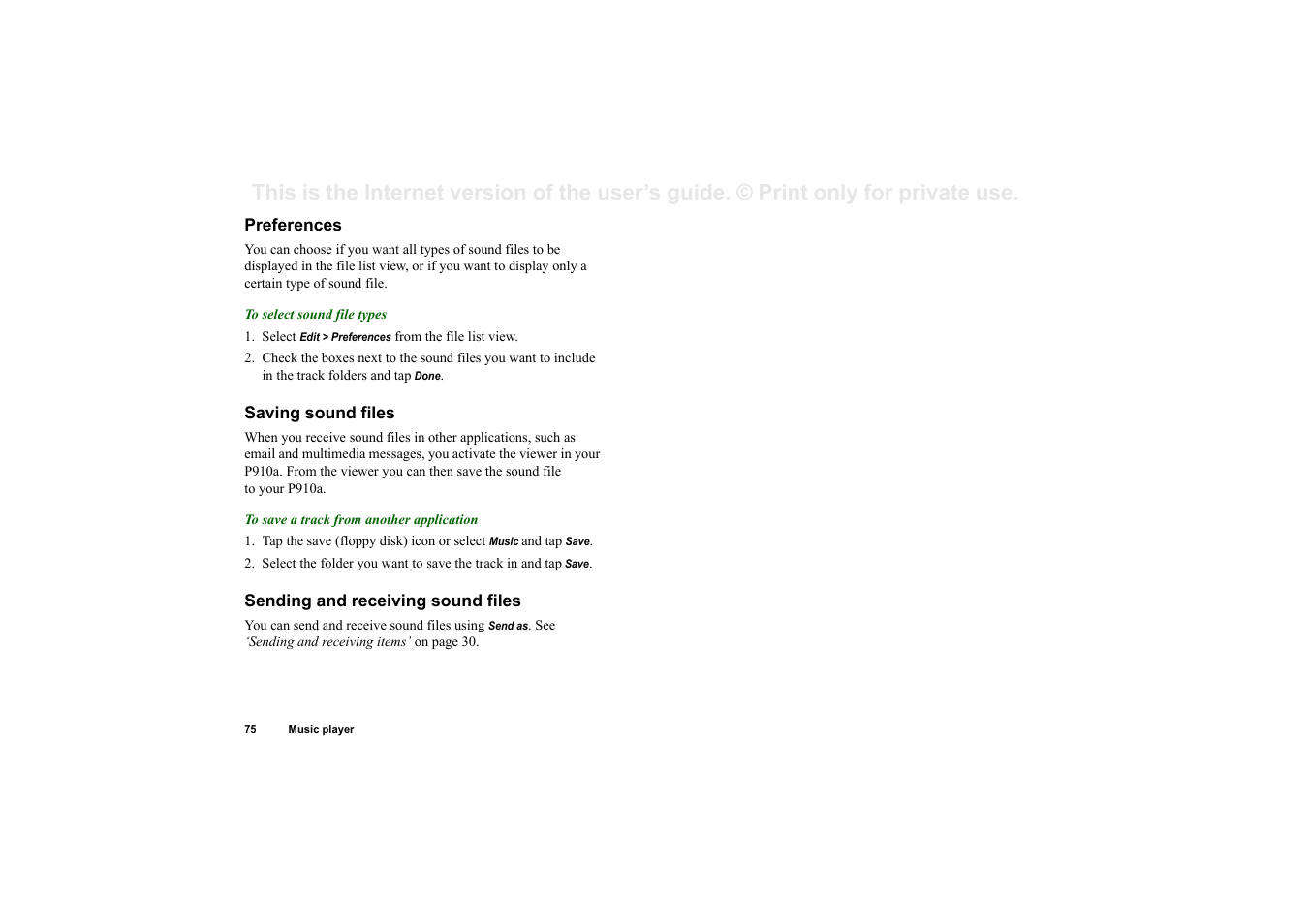 Preferences, Saving sound files, Sending and receiving sound files | Sony P910a User Manual | Page 75 / 205