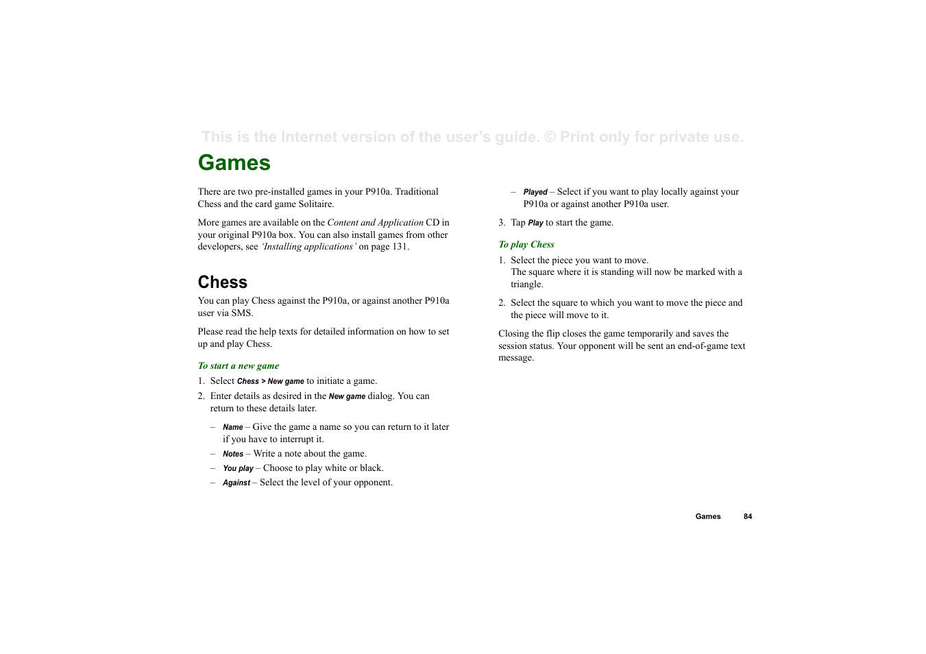Games, Chess | Sony P910a User Manual | Page 84 / 205