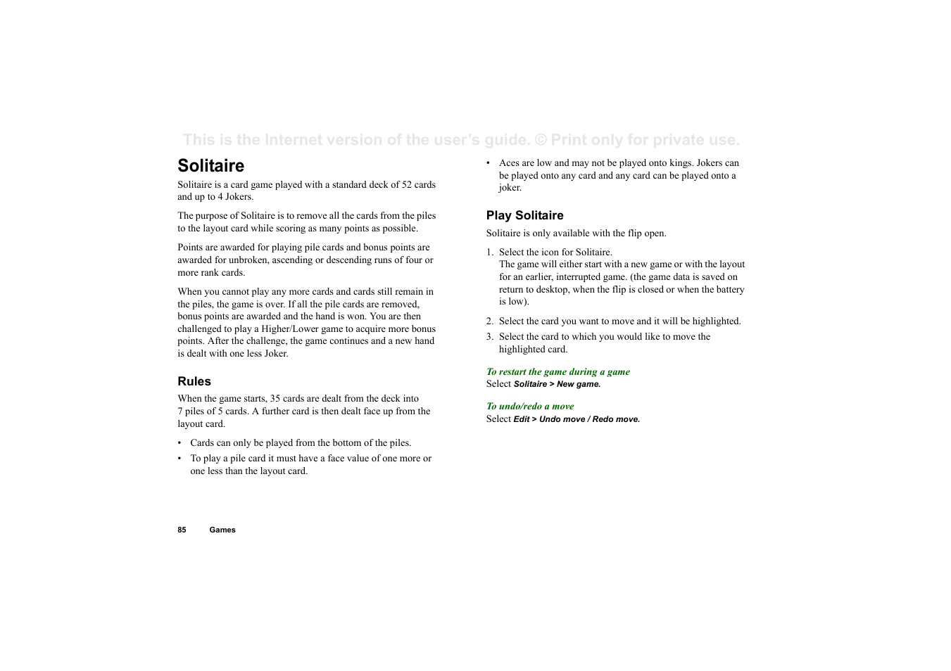 Solitaire, Rules, Play solitaire | Sony P910a User Manual | Page 85 / 205