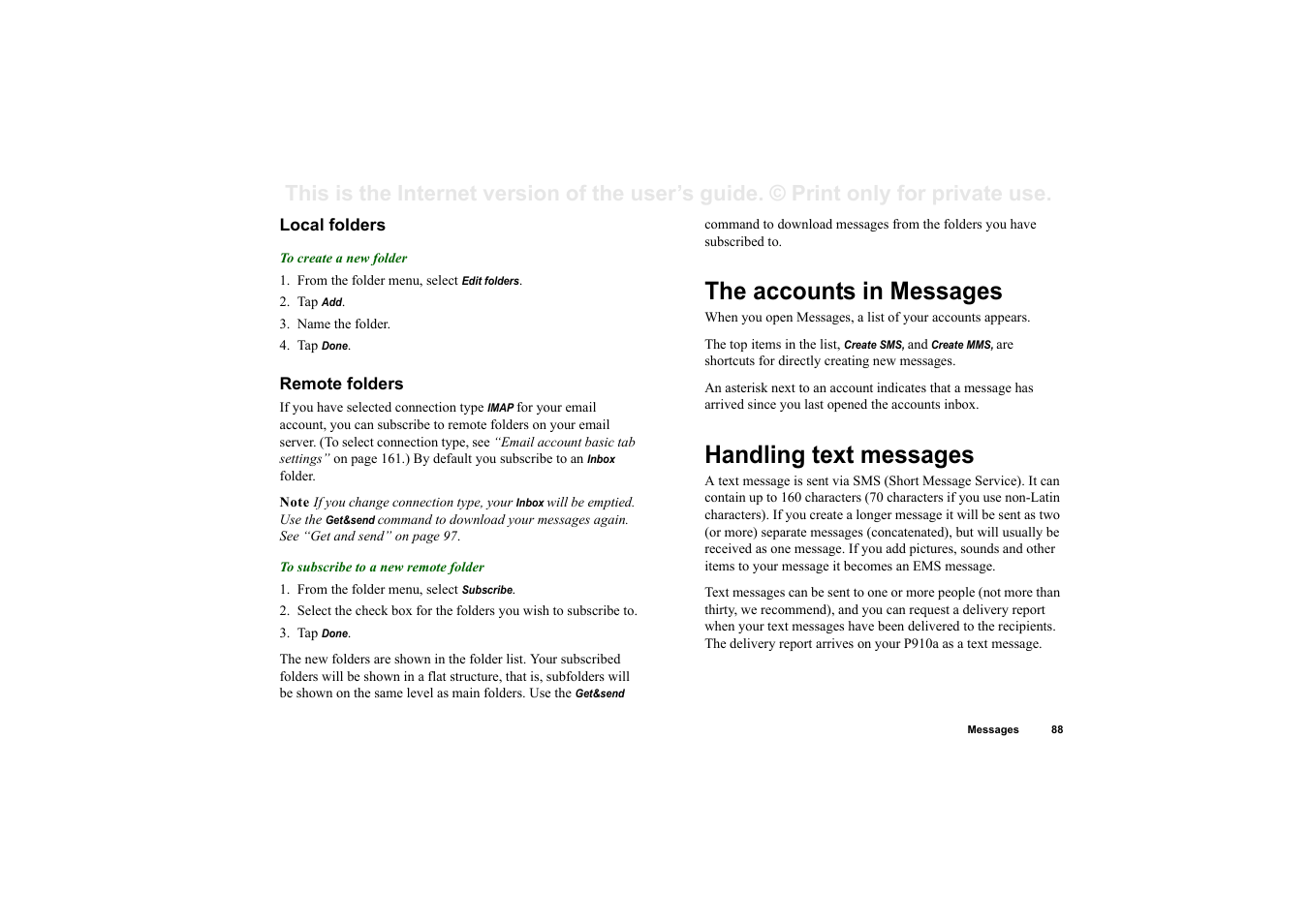 Local folders, Remote folders, The accounts in messages | Handling text messages, The accounts in messages handling text messages | Sony P910a User Manual | Page 88 / 205