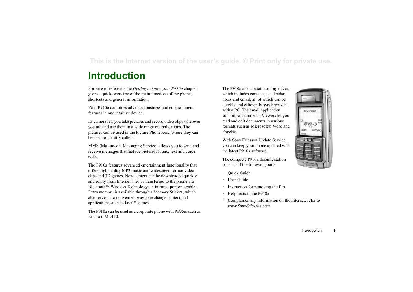Overview, Introduction, Verview | Sony P910a User Manual | Page 9 / 205