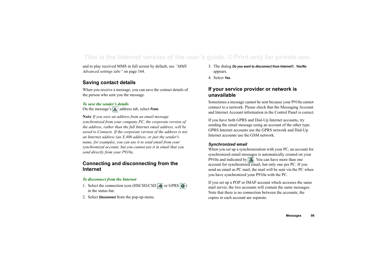 Saving contact details, Connecting and disconnecting from the internet, If your service provider or network is unavailable | Sony P910a User Manual | Page 98 / 205