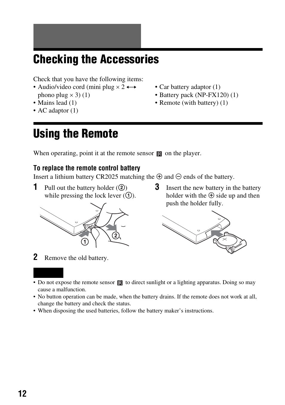 Checking the accessories, Using the remote | Sony DVP-FX720 User Manual | Page 12 / 60