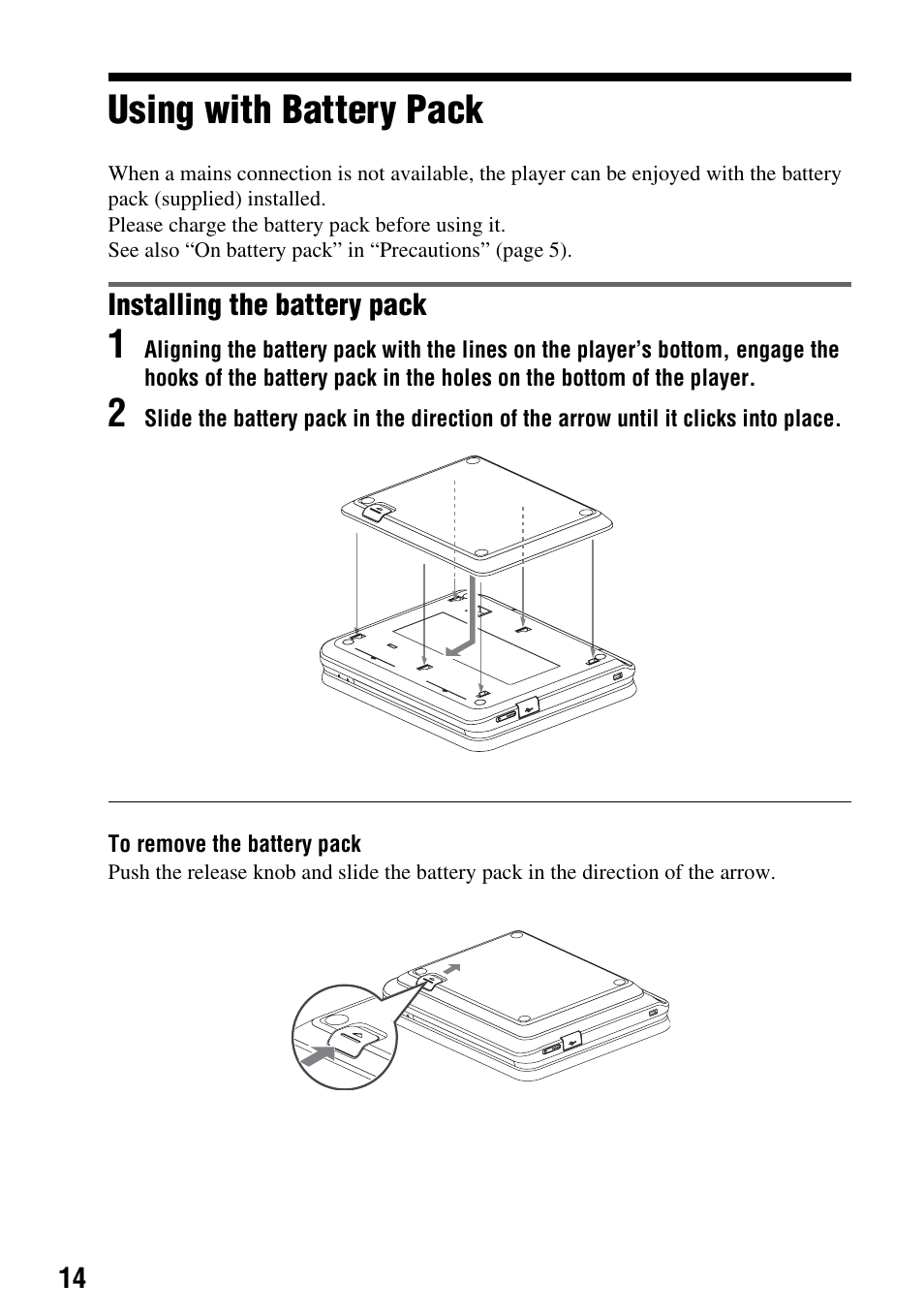 Using with battery pack, Installing the battery pack | Sony DVP-FX720 User Manual | Page 14 / 60