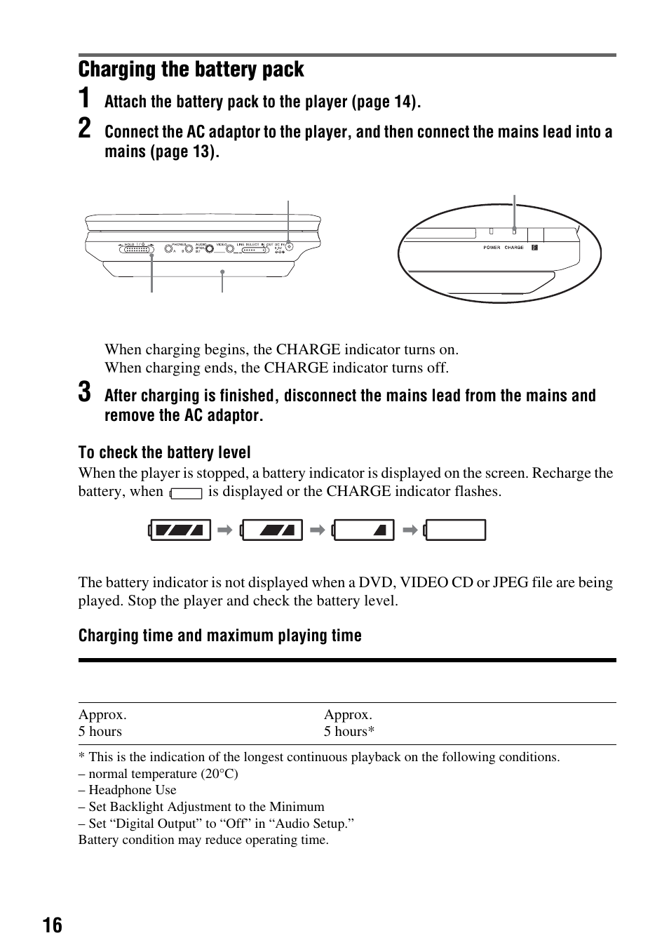 Charging the battery pack | Sony DVP-FX720 User Manual | Page 16 / 60