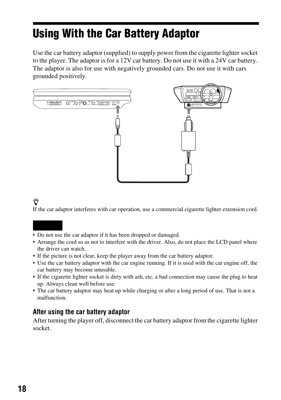 Using with the car battery adaptor | Sony DVP-FX720 User Manual | Page 18 / 60