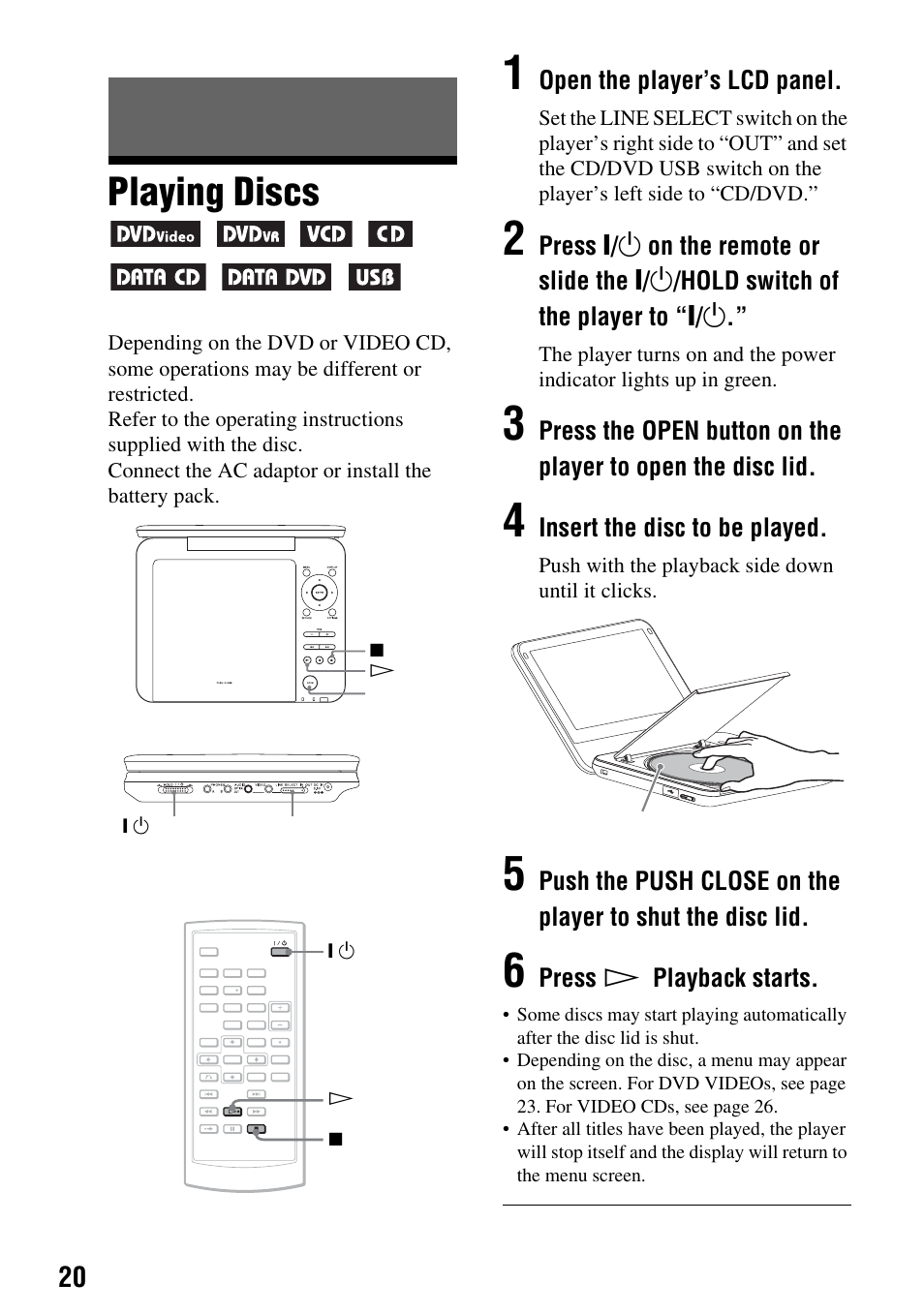 Playing discs | Sony DVP-FX720 User Manual | Page 20 / 60