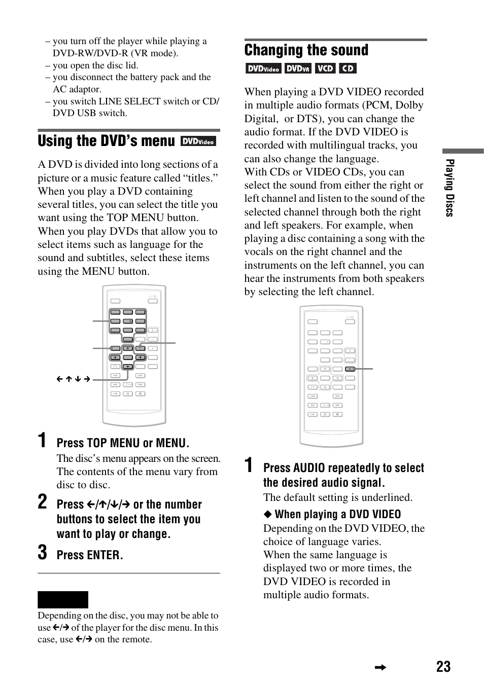 Using the dvd’s menu, Changing the sound, Press top menu or menu | Press | Sony DVP-FX720 User Manual | Page 23 / 60