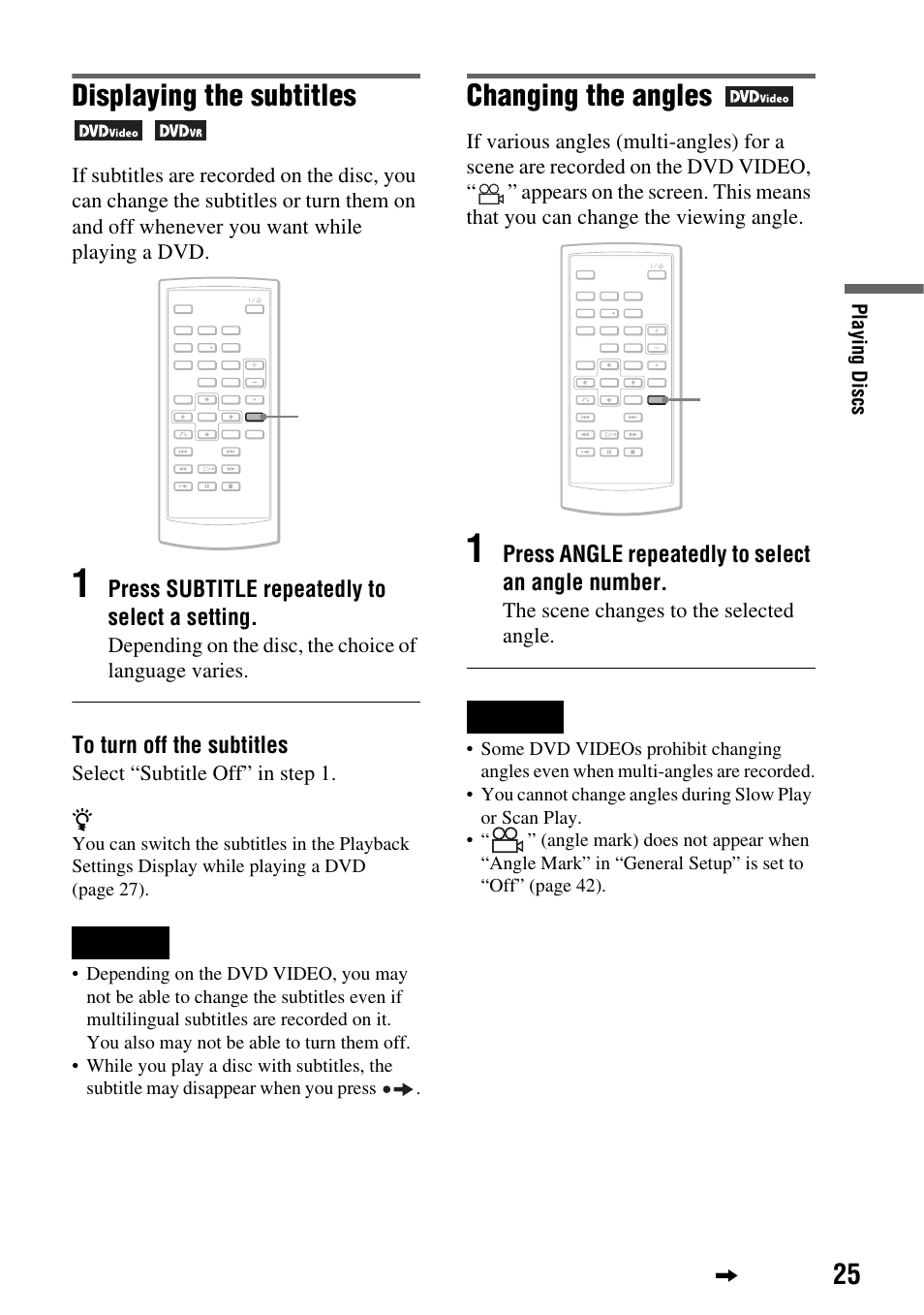 Displaying the subtitles, Changing the angles, Press subtitle repeatedly to select a setting | Press, Angle repeatedly to select an angle number, Select “subtitle off” in step 1, The scene changes to the selected angle | Sony DVP-FX720 User Manual | Page 25 / 60