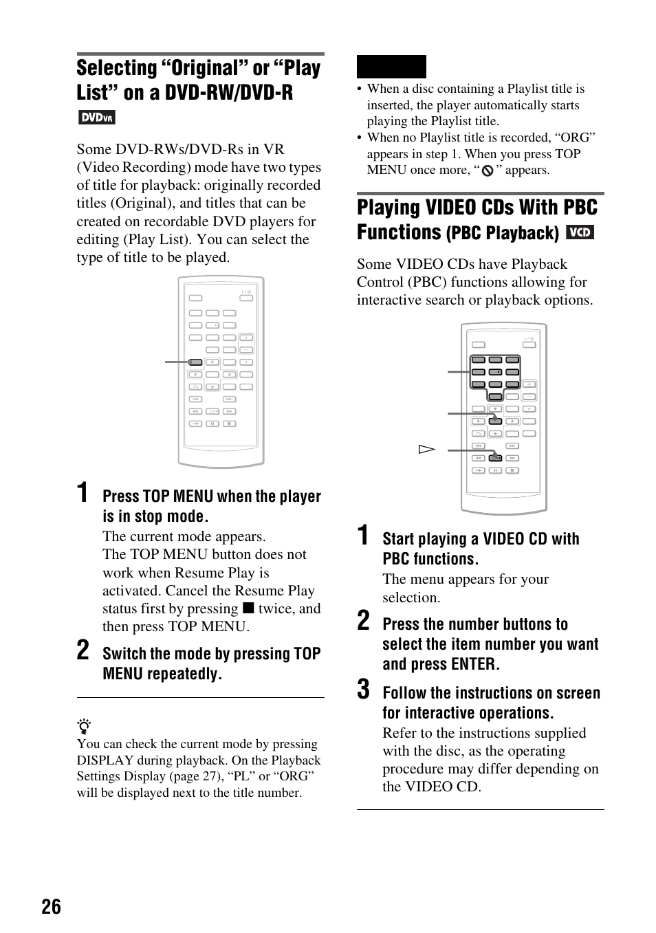 Playing video cds with pbc functions, Pbc playback), Press top menu when the player is in stop mode | Switch the mode by pressing top menu repeatedly, Start playing a video cd with pbc functions, The menu appears for your selection | Sony DVP-FX720 User Manual | Page 26 / 60