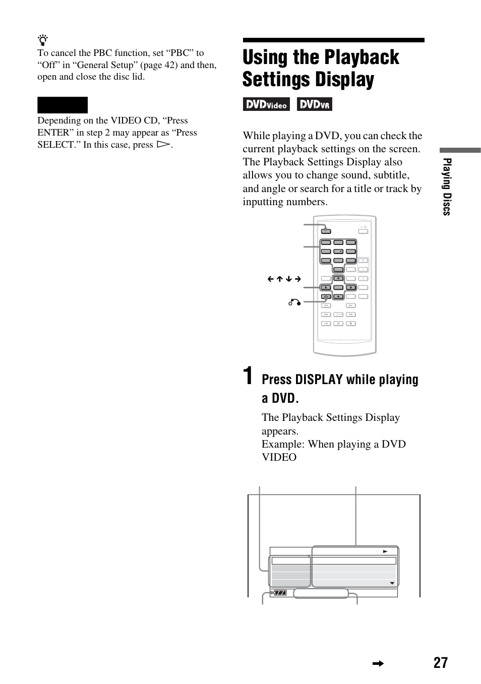 Using the playback settings display, Press display while playing a dvd | Sony DVP-FX720 User Manual | Page 27 / 60