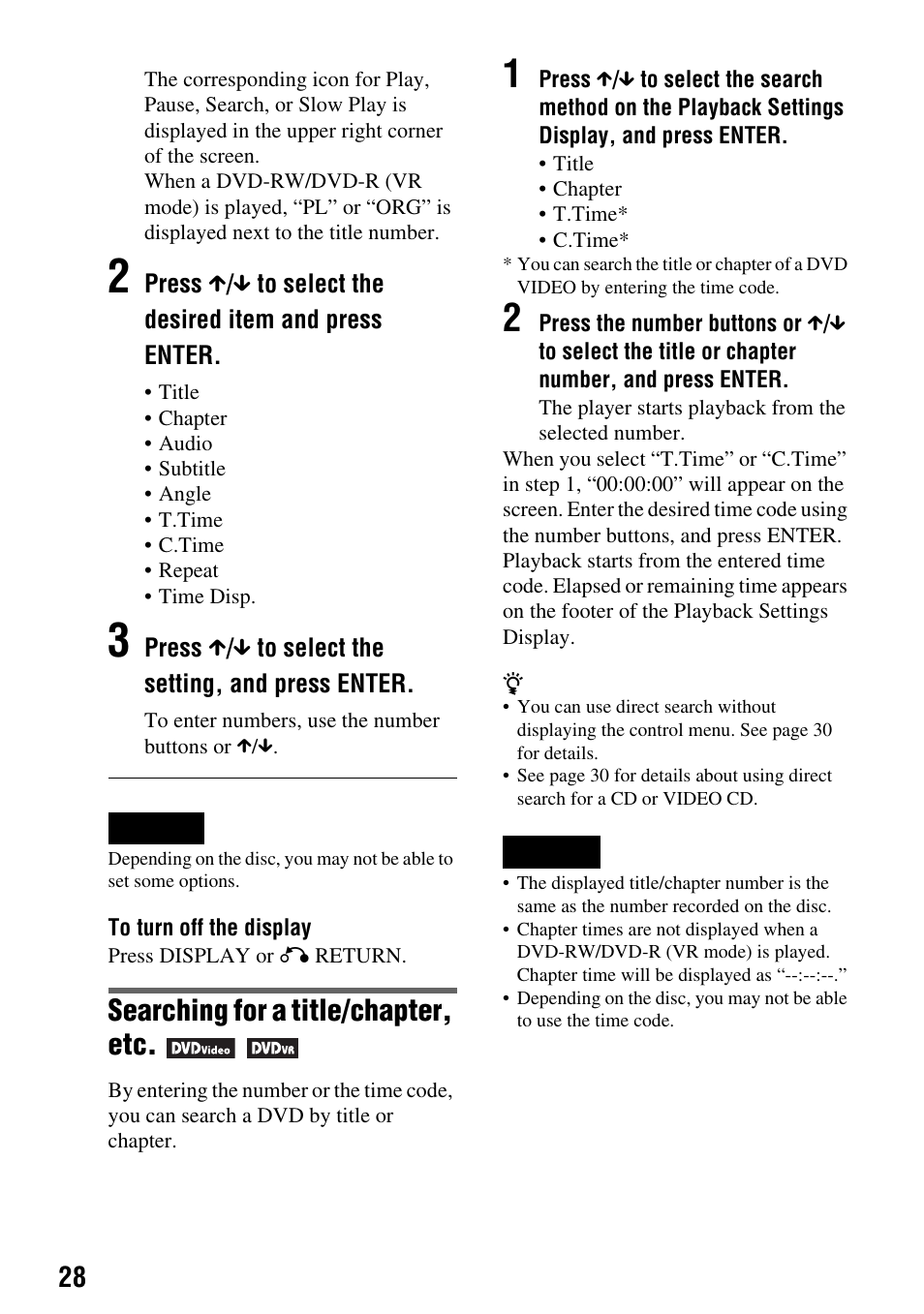 Searching for a title/chapter, etc | Sony DVP-FX720 User Manual | Page 28 / 60