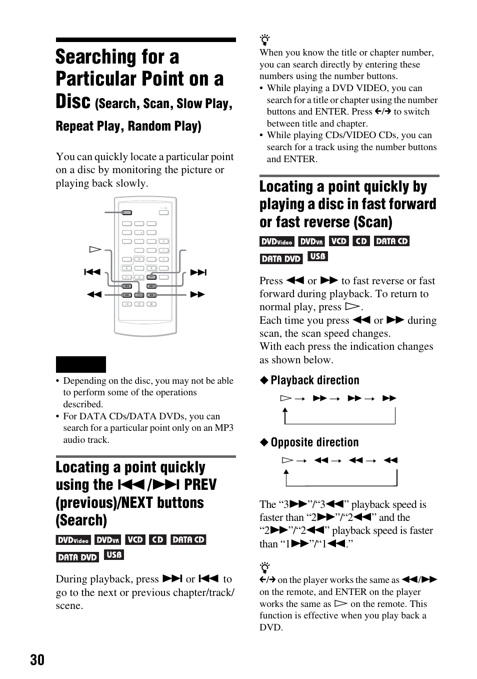Searching for a particular point on a disc, Search, scan, slow play, repeat play, random play), Playback direction ◆ opposite direction | Sony DVP-FX720 User Manual | Page 30 / 60