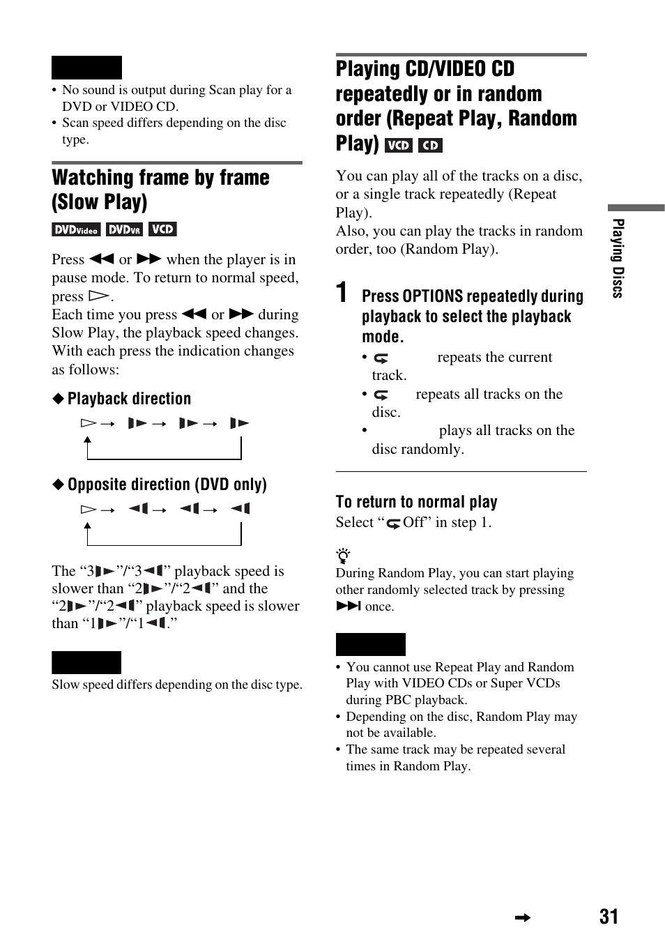 Watching frame by frame (slow play) | Sony DVP-FX720 User Manual | Page 31 / 60