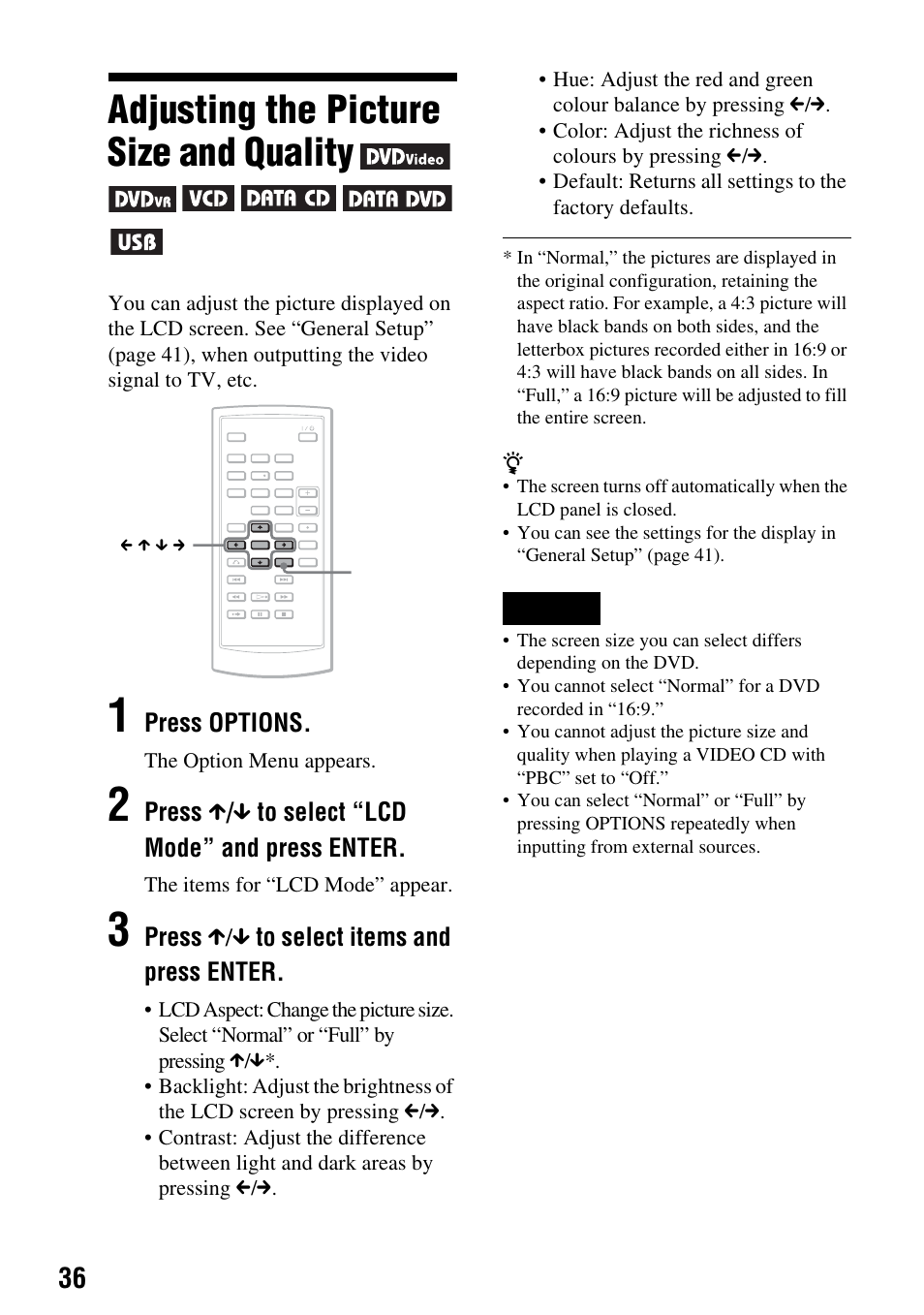 Adjusting the picture size and quality, Press options, Press x / x to select “lcd mode” and press enter | Press x/x to select items and press enter | Sony DVP-FX720 User Manual | Page 36 / 60