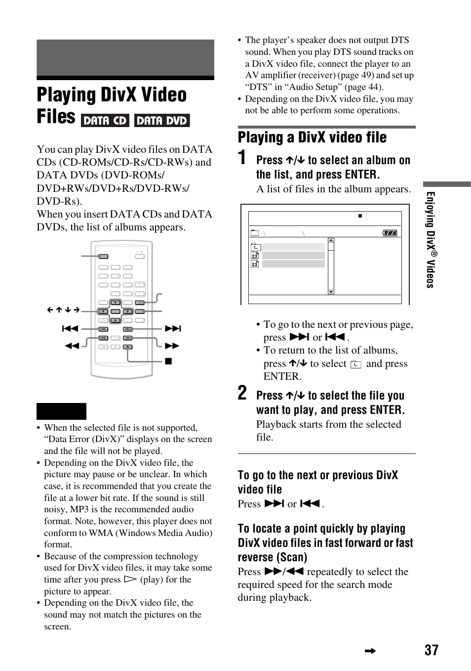 Playing divx video files, Playing a divx video file, Enjoying divx | Videos | Sony DVP-FX720 User Manual | Page 37 / 60