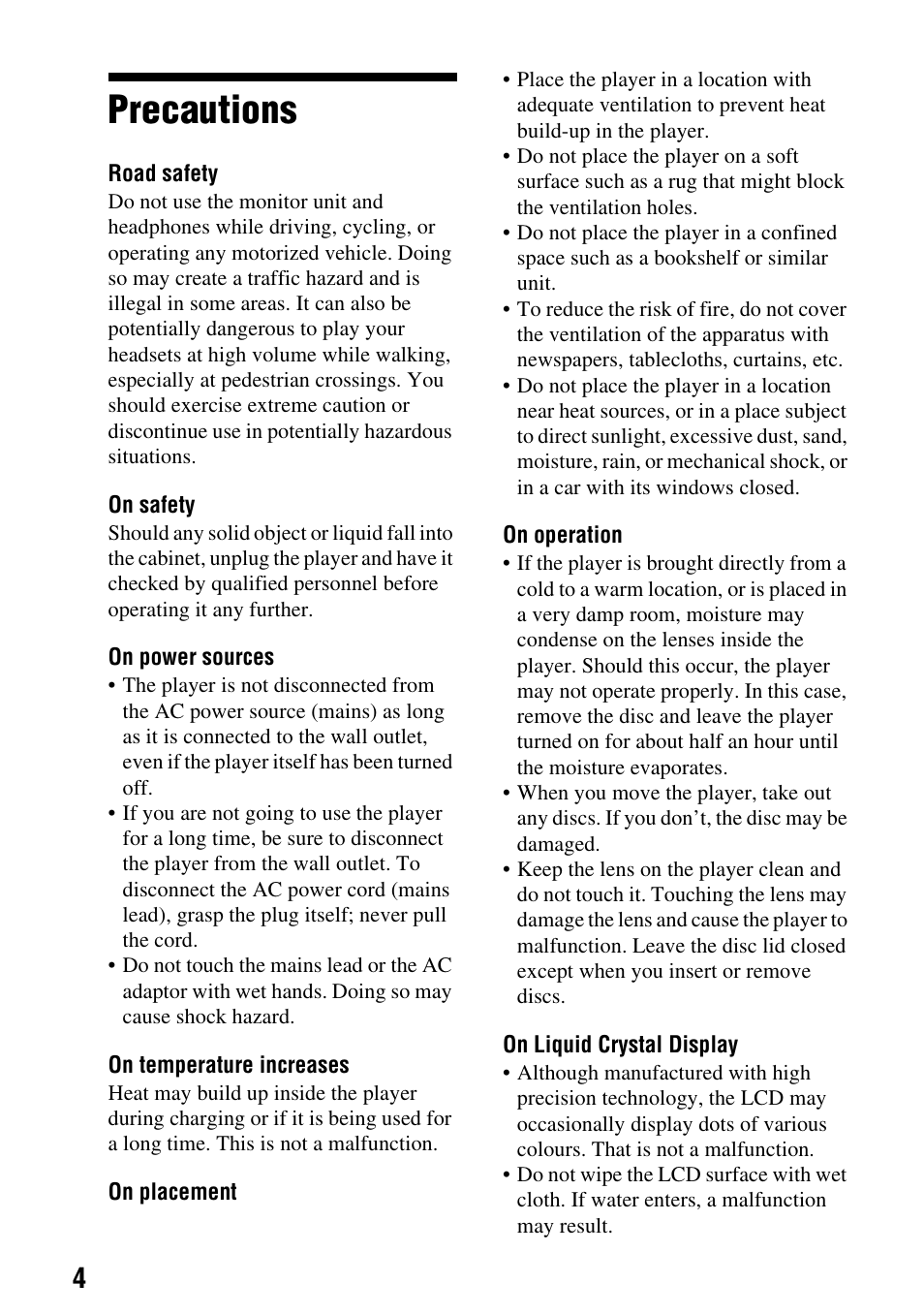 Precautions | Sony DVP-FX720 User Manual | Page 4 / 60