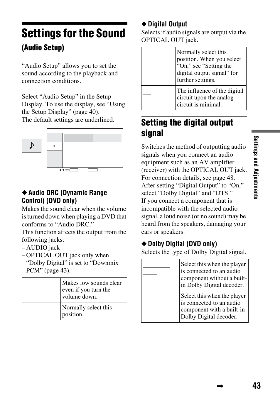Settings for the sound, Setting the digital output signal, Audio setup) | Audio drc (dynamic range control) (dvd only), Digital output, Dolby digital (dvd only) | Sony DVP-FX720 User Manual | Page 43 / 60