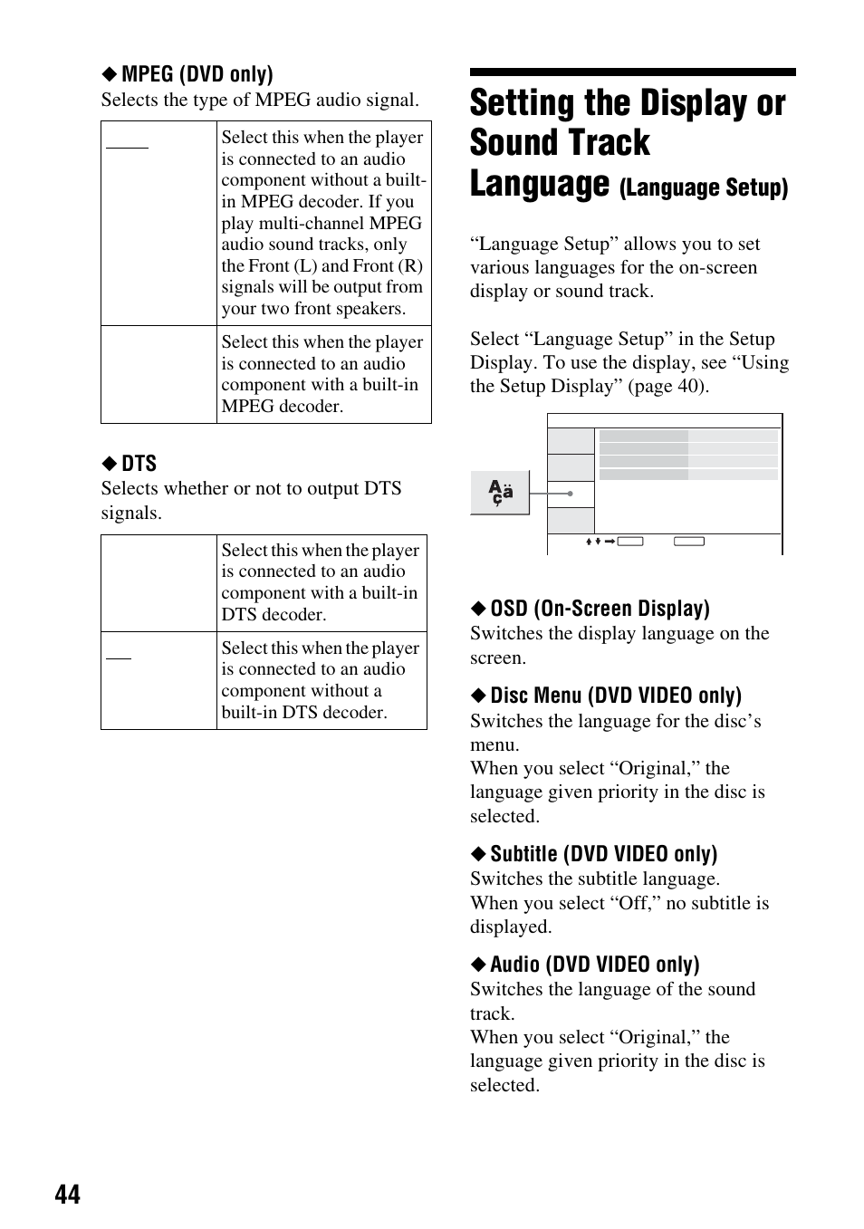 Setting the display or sound track language, Language setup), Mpeg (dvd only) | Osd (on-screen display), Disc menu (dvd video only), Subtitle (dvd video only), Audio (dvd video only), Selects the type of mpeg audio signal, Selects whether or not to output dts signals, Switches the display language on the screen | Sony DVP-FX720 User Manual | Page 44 / 60