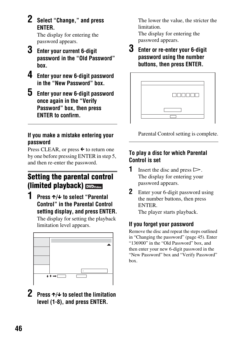 Setting the parental control (limited playback) | Sony DVP-FX720 User Manual | Page 46 / 60