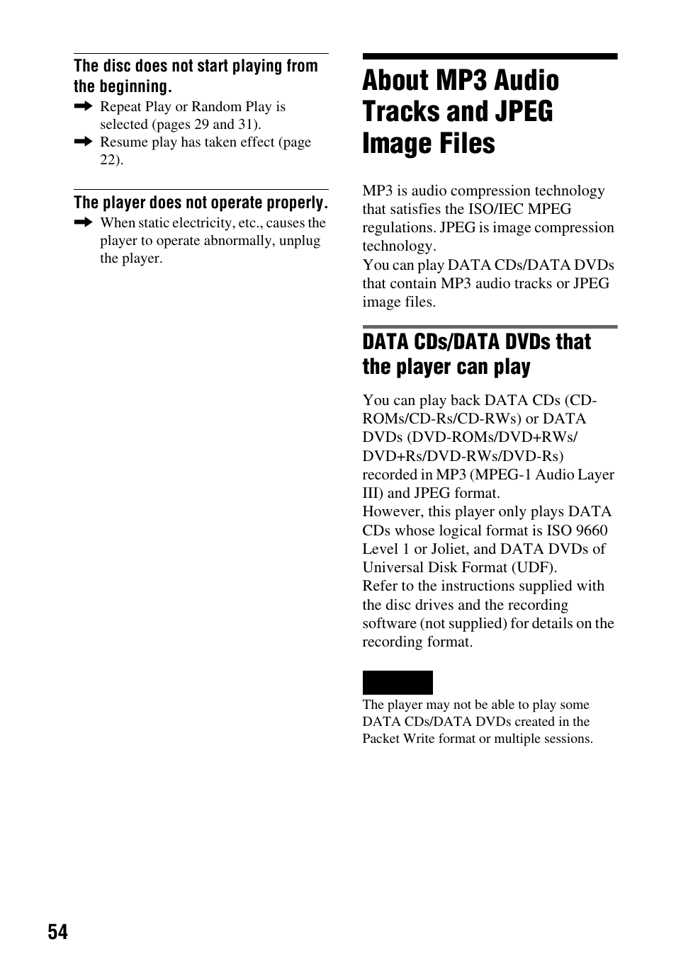 About mp3 audio tracks and jpeg image files, Data cds/data dvds that the player can play | Sony DVP-FX720 User Manual | Page 54 / 60