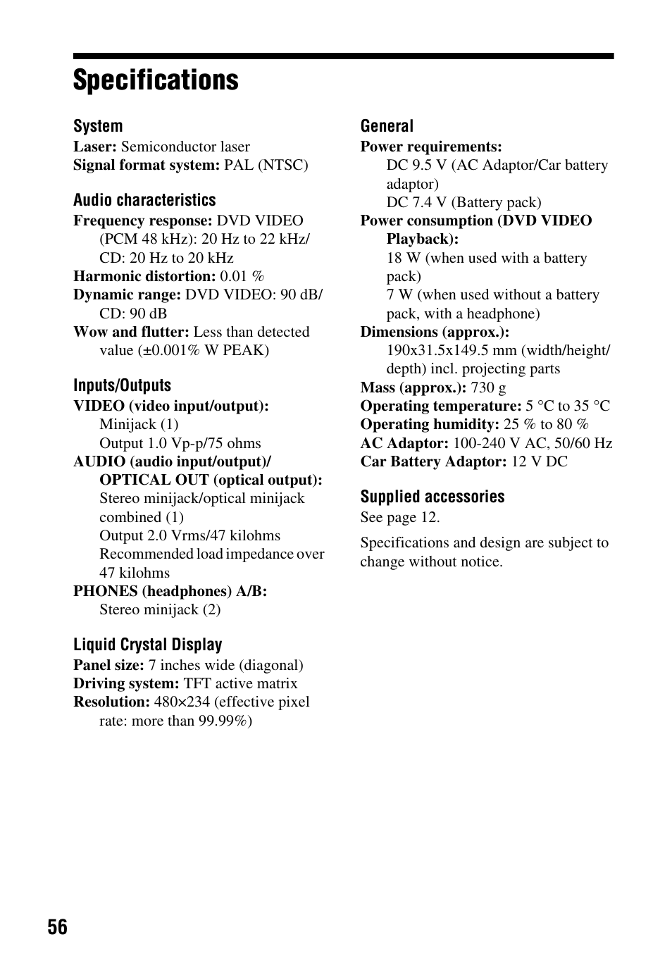 Specifications | Sony DVP-FX720 User Manual | Page 56 / 60