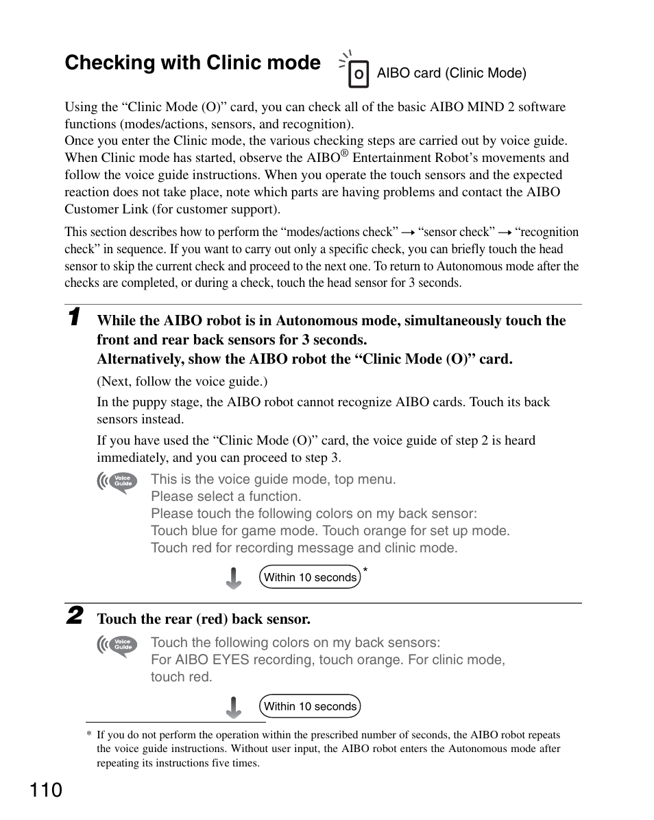 Checking with clinic mode, 110 checking with clinic mode | Sony ERS-7M2 User Manual | Page 110 / 140