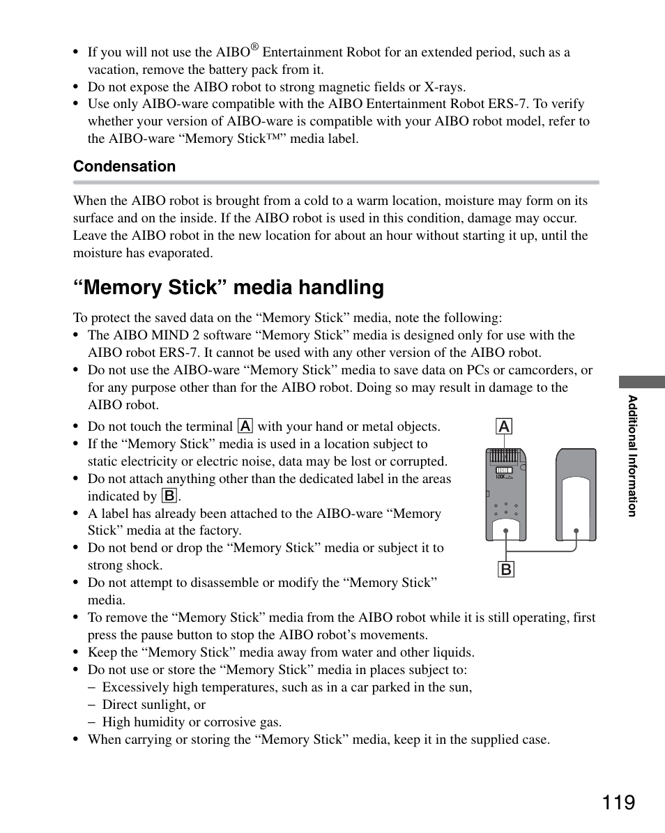 Memory stick” media handling | Sony ERS-7M2 User Manual | Page 119 / 140