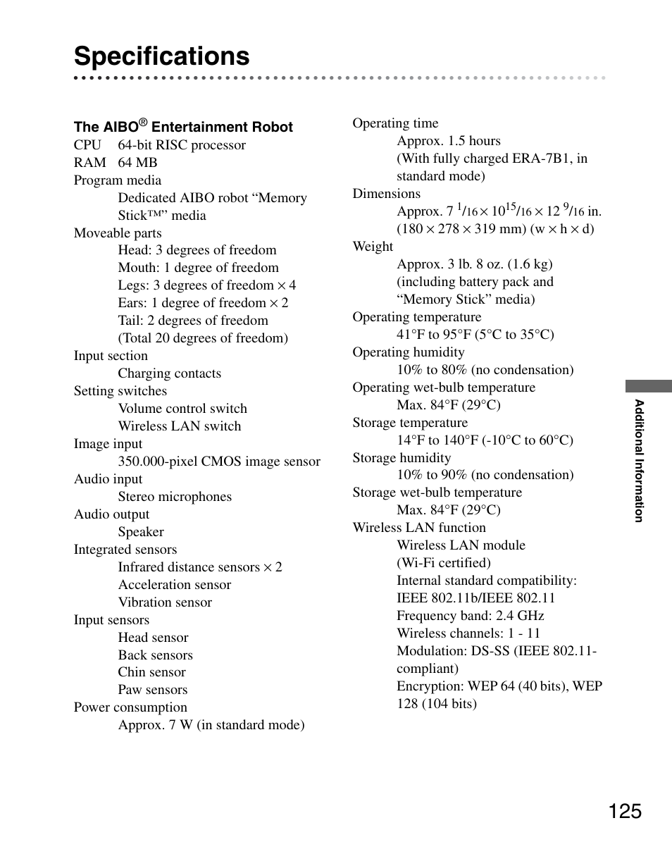 Specifications | Sony ERS-7M2 User Manual | Page 125 / 140