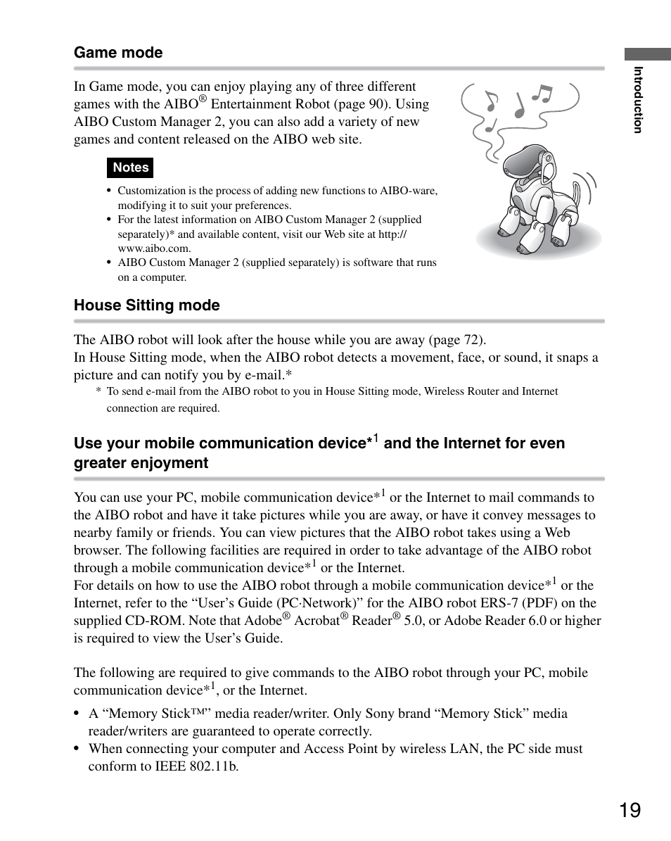 Game mode, House sitting mode, Use your mobile communication device | And the internet for even greater enjoyment | Sony ERS-7M2 User Manual | Page 19 / 140