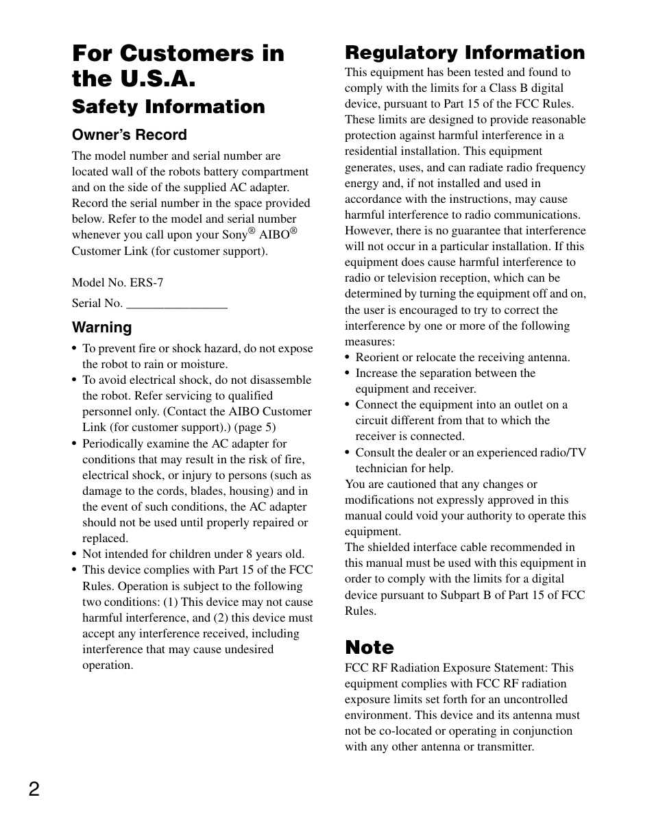 For customers in the u.s.a, Safety information, Regulatory information | Sony ERS-7M2 User Manual | Page 2 / 140