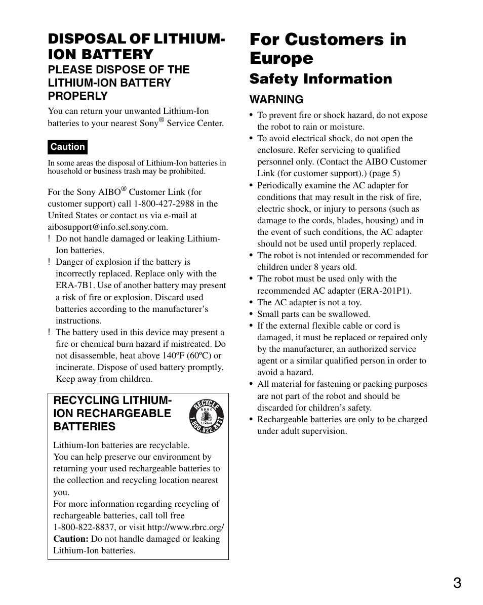 For customers in europe, Disposal of lithium- ion battery, Safety information | Sony ERS-7M2 User Manual | Page 3 / 140